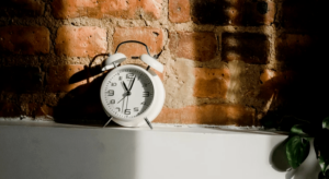 Standing clock brick wall background plant in right corner